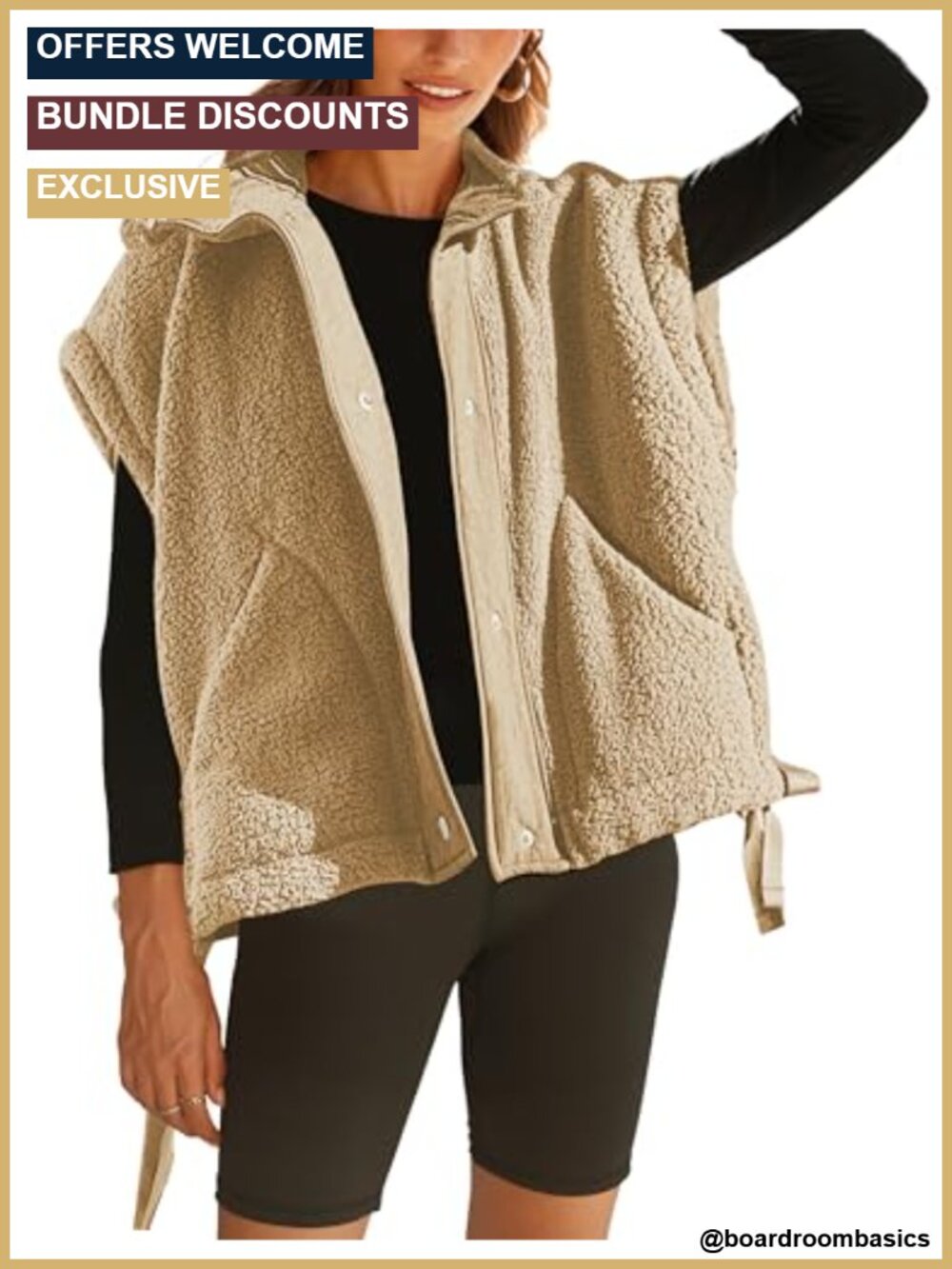 Oversized Sherpa Fleece Vest Sleeveless Button Front Drawstring Casual